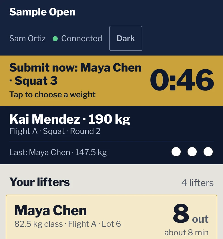 A coach's phone during squats. A gold banner reads Submit now: Maya Chen, squat 3, with 46 seconds on the clock. Below it, Kai Mendez is lifting 190 kg.